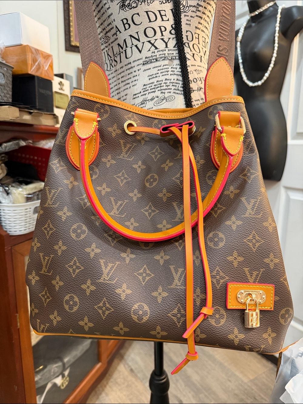 Brown Monogram lv Tote with Orange and Pink Trim